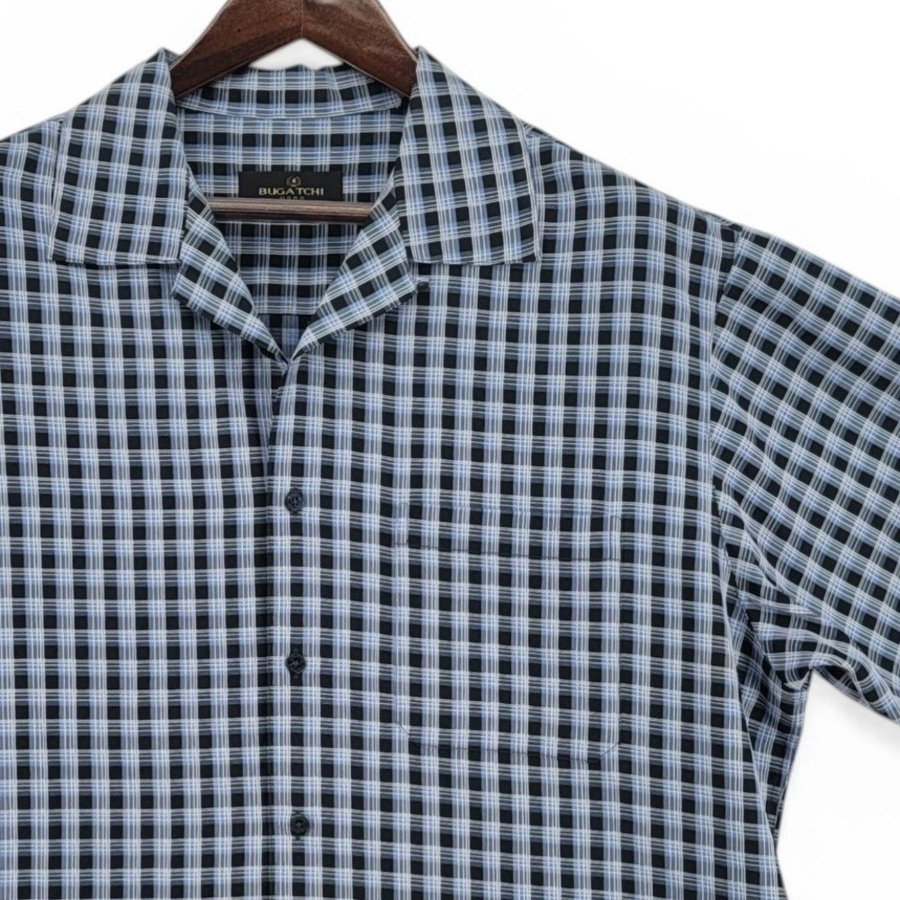 Bugatchi Uomo Mens XL Button Front Shirt Rayon Polyester Plaid Casual